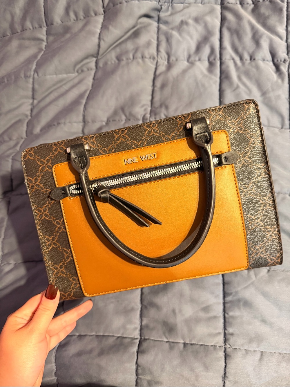 Nine West Two-Tone Logo Satchel in Mustard and Black Trim